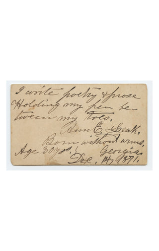 Leak, Ann E. (1839–?) "I write poetry + prose / Holding my pen between my toes." - Original CDV Photograph, Signed with Her Toes!