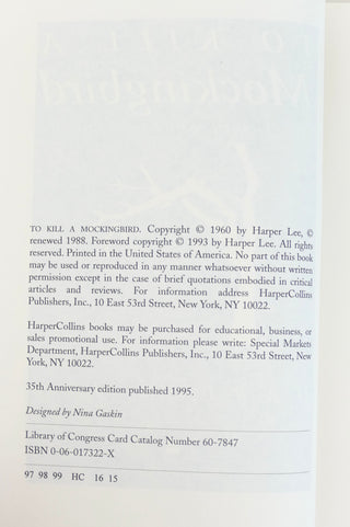 Lee, Nelle Harper. (1926-2016) "To Kill a Mockingbird" - Signed 35th Anniversary Edition