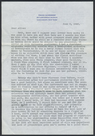 Leinsdorf, Erich. (1912–1993) Typed Letter Signed to Alice Chalifoux