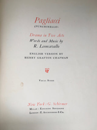 Leoncavallo, Ruggero. (1857-1919) Pagliacci - SIGNED VOCAL SCORE