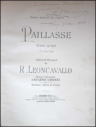 Leoncavallo, Ruggero. (1857-1919) Paillasse, Drame Lyrique...Partition Chant et Piano. SIGNED