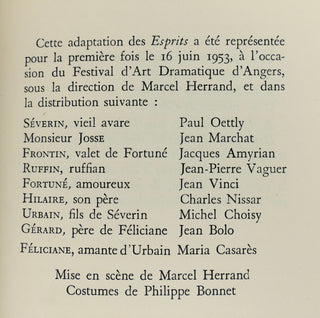 Camus, Albert. (1913–1960) [Vinci, Jean. (1921-2010)] "Les Esprits" - INSCRIBED PRESENTATION COPY TO THE CREATOR OF ONE OF THE PLAY'S ROLES AND TYPED LETTER SIGNED