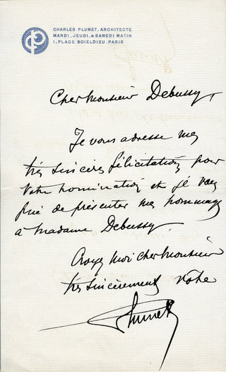 [Debussy, Claude. (1862-1918)] Colonne, Édouard. (1838-1910) & Bréval, Lucienne. (1869-1935) & Plumet, Charles. (1861-1928) & Campanini, Cleofonte. (1860-1919) & Dippel, Andreas. (1866-1932) & Sinigaglia, Leone. (1868-1944) & Depanis, Giuseppe. (1853-1942