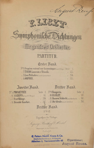 Liszt, Franz. (1811–1886) [Mitropoulos, Dimitri. (1896–1960)] "Symphonische Dichtungen für grosses Orchester" (3 Volumes) - EX-DIMITRI MITROPOULOS