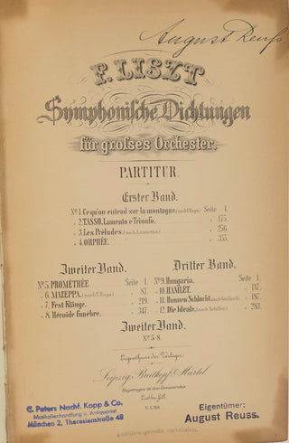 Liszt, Franz. (1811–1886) [Mitropoulos, Dimitri. (1896–1960)] "Symphonische Dichtungen für grosses Orchester" (3 Volumes) - EX-DIMITRI MITROPOULOS