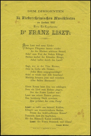 Liszt, Franz. (1811–1886) [Müller, Joseph] Dem Dirigenten des 35. Niederrheinischen Musikfestes zu Aachen 1857. Herrn Hof-Kapellmesiter Dr. Franz Liszt.