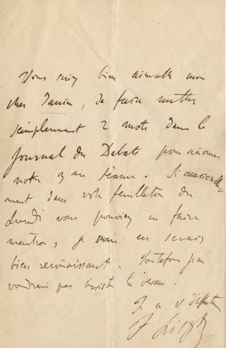 Liszt, Franz. (1811–1886) Autograph Letter to Jules Janin