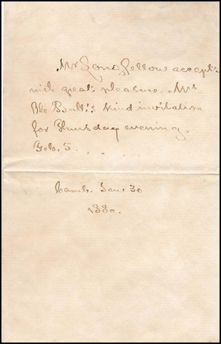 [Bull, Ole. (1810-1880)] Longfellow, Henry Wadsworth. (1807-1882) Autograph Signed Letter to Mrs. Ole Bull
