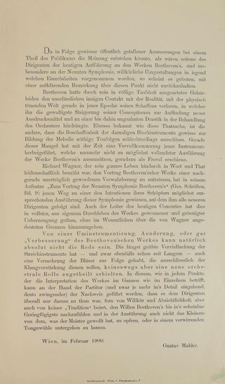 Mahler, Gustav. (1860-1911) Broadside "Defense" of the Composer's Re-Orchestration of Beethoven's Ninth Symphony