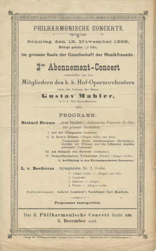 Mahler, Gustav. (1860-1911) Original 1899 Concert Broadside Program Conducting Strauss and Beethoven