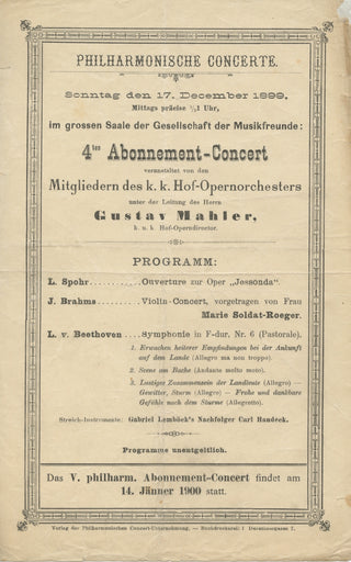 Mahler, Gustav. (1860-1911) Original 1899 Concert Broadside Program Conducting Brahms, Spohr, and Beethoven