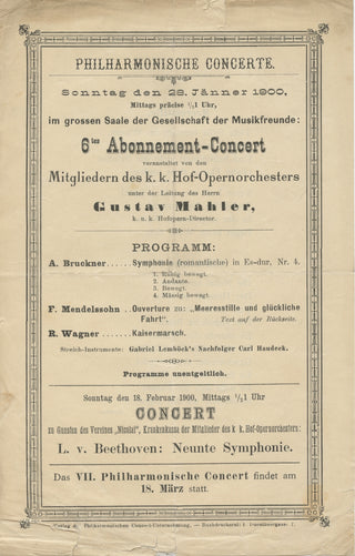 Mahler, Gustav. (1860-1911) Original 1900 Concert Broadside Program including advertisement Beethoven's Ninth Symphony