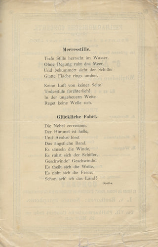 Mahler, Gustav. (1860-1911) Original 1900 Concert Broadside Program including advertisement Beethoven's Ninth Symphony