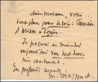 Massenet, Jules. (1842-1912) Signed Note, giving tickets to the premiere of Ariane
