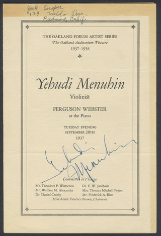 Menuhin, Yehudi. (1916–1999) Signed Program