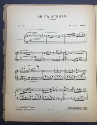 Milhaud, Darius. (1892–1974) "Printemps" - Signed and Inscribed to Jean Wiener