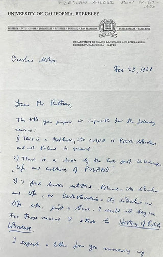 Milosz, Czeslaw. (1911 - 2004) "The Title You Propose Is Impossible" - Autograph Letter Signed about his "History of Polish Literature"