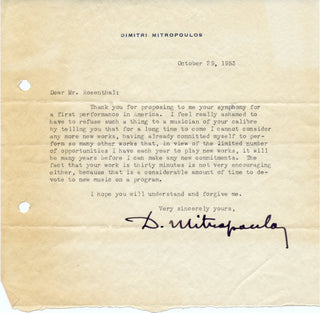 Mitropoulos, Dimitri. (1896–1960) [Rosenthal, Manuel. (1904–2003)] Typed letter signed to Manuel Rosenthal
