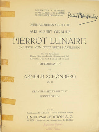 Schoenberg, Arnold. (1874-1951) [Mitropoulos, Dimitri. (1896–1960) ] "Pierrot Lunaire" - The Copy of Dimitri Mitropoulos