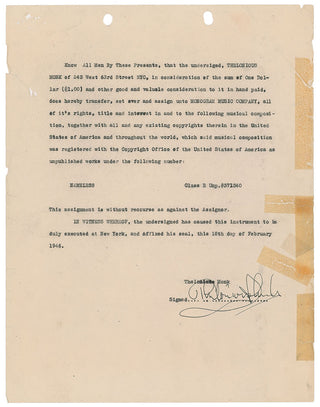 Monk, Thelonious Sphere. (1917 - 1982) Monk sells the rights to ‘52nd Street Theme’ - Signed Contract