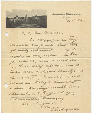 Morgenstern, Christian. (1871–1914) "Utterly unworthy of consideration—juvenile stuff" - Autograph Letter Signed to Bruno Cassirer