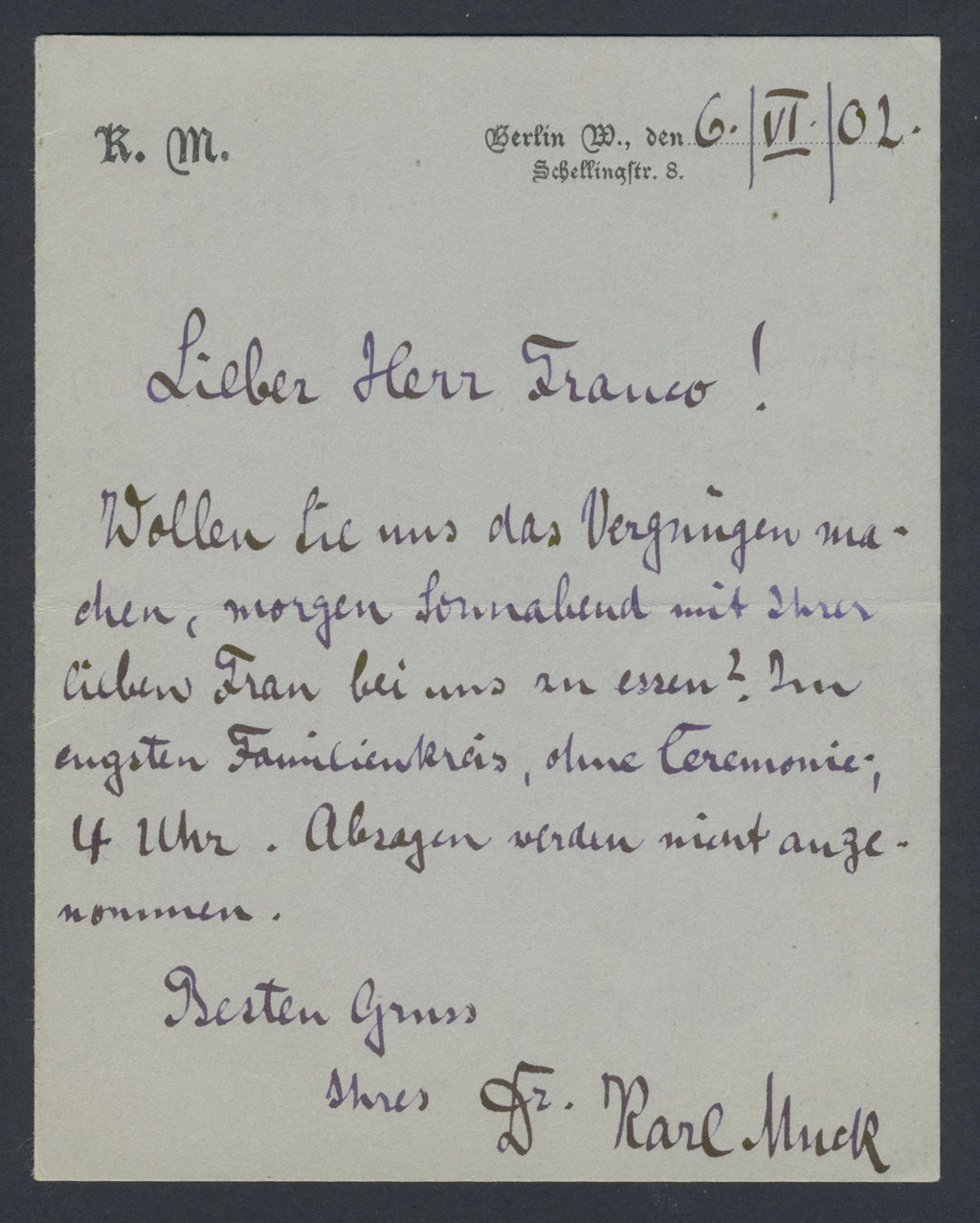 Muck, Karl. (1859–1940) Autograph Letter – Schubertiade Music and Arts