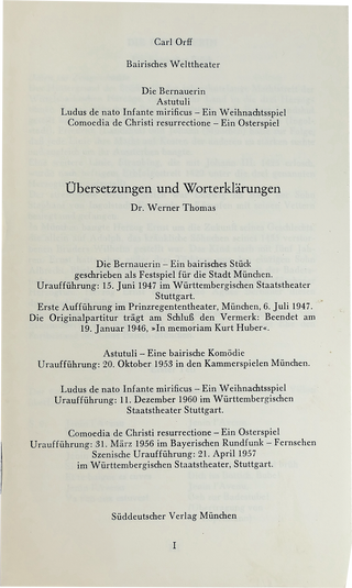 Orff, Carl. (1895–1982) Bairisches Welttheater - Signed and Inscribed to Hermann Peisach, 1973