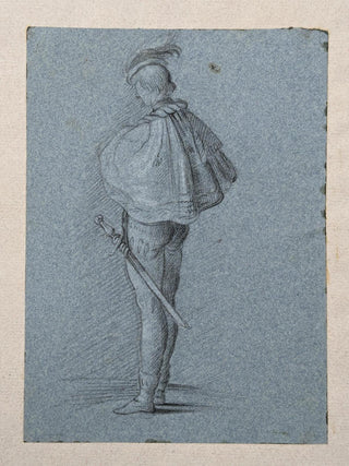 [Old Master Drawing] [Italy, ca. 17th Century] Pencil drawing of a cloaked figure with sword from behind