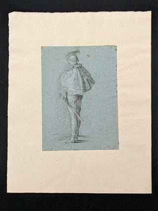[Old Master Drawing] [Italy, ca. 17th Century] Pencil drawing of a cloaked figure with sword from behind