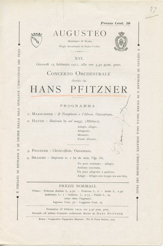 Pfitzner, Hans. (1869–1949) Signed Program