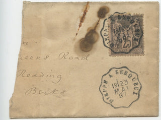 Envelope posted on the Dieppe–Serqueux railway to Reading, Berkshire, 1897, view 1