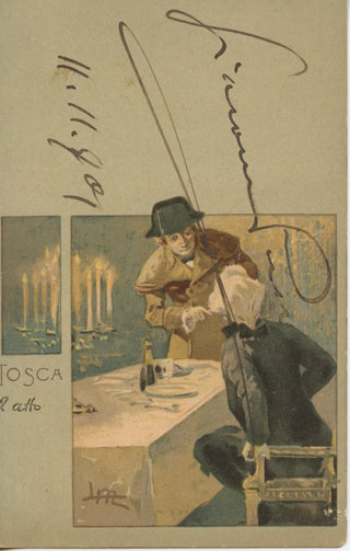 Puccini, Giacomo. (1858–1924) Signed postcard depicting scene from "Tosca"