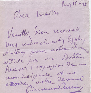 Puccini, Giacomo. (1858–1924) Autograph Letter Signed regarding "La Bohème," 1898