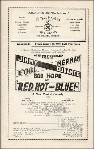 Porter, Cole. (1891–1964) "Red Hot and Blue" -  Rare Pre-Broadway Tryout Program
