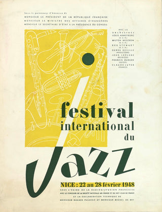 [JAZZ] Reinhardt, Django. (1910–1953) & Armstrong, Louis. (1901–1971) & Grappelli, Stéphane. (1908 - 1997) & Mezzrow, Milton "Mezz". (1899–1972) "La Nuit de Nice. A l'Occasion de la Finale du Festival du Jazz" [1948] - SIGNED PROGRAM