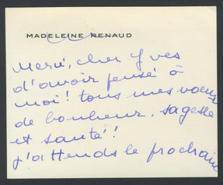 [Saint Laurent, Yves. (1936–2008)] Renaud, Madeleine. (1900–1994) Autograph Card