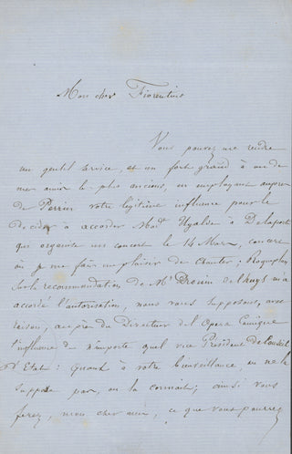 Roger, Gustave-Hippolyte. (1815–1879) [Fiorentino, Pier Angelo. (1811–1864)] Autograph Letter Signed regarding the Opéra-Comique