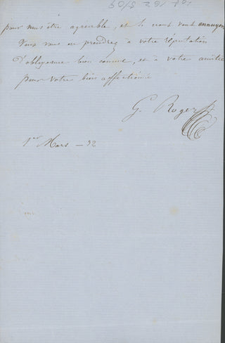 Roger, Gustave-Hippolyte. (1815–1879) [Fiorentino, Pier Angelo. (1811–1864)] Autograph Letter Signed regarding the Opéra-Comique