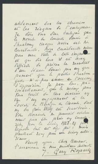 Ropartz, Guy. (1864–1955) & Dupuis, Sylvain. (1856–1931) & Marsick, Paul-Louis. (1916–1969) & Rieti, Vittorio. (1898–1994) & Rougnon, Paul. (1846–1934) & Heintz, Richard. (1871–1929) [Rogister, Jean. (1879–1964)] Collection of Autograph Letters and Signed