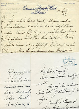Rosenthal, Moriz. (1862–1946) [Labunski, Wiktor. (1895-1974)] Three Autograph Letters Signed - "Have you followed Paderewski's 'My Story' in the Saturday Evening Post?"