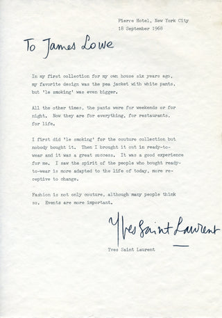 [Literature & Art] Saint Laurent, Yves. (1936–2008) Important Signed Letter