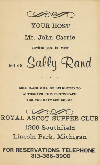 Rand, Sally. (1904-1974) Signed Photograph Advertisement