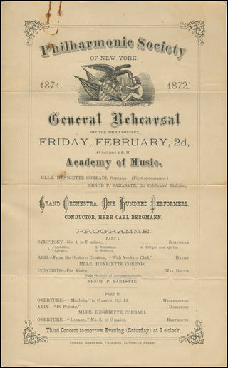 Sarasate, Pablo de. (1844–1908) 1872 New York Philharmonic Society Program