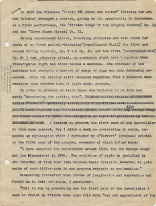 Schoenberg, Arnold. (1874–1951) "Notes on the Gurrelieder" - SIGNED MANUSCRIPT