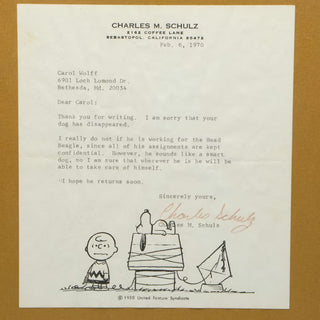 Schulz, Charles M. (1922–2000) Typed Letter Signed about a Missing Dog