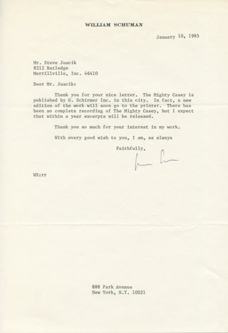 Schuman, William. (1910–1992) Typed letter signed regarding "The Mighty Casey"