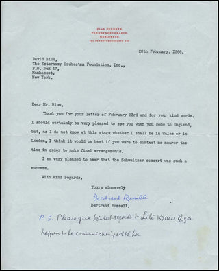 [Literature & Art] Russell, Bertrand. (1872-1970) Signed Letter mentioning Albert Schweitzer and Lili Kraus