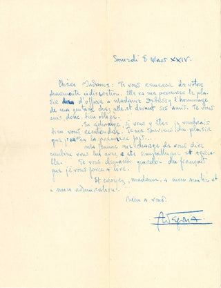 Segovia, Andrés. (1893–1987) Autograph Letter to Magdeleine Greslé regarding a recital at the Debussy home