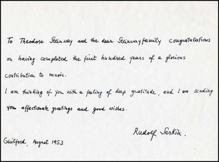 Serkin, Rudolf. (1903-1991) Autograph Testimonial to Steinway