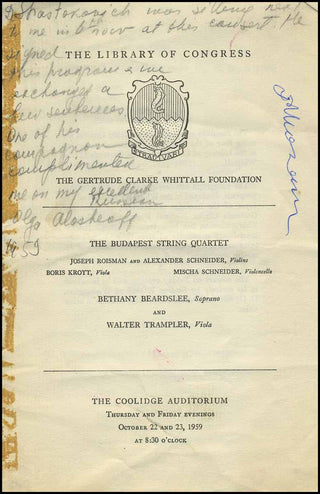 Shostakovich, Dimitri. (1906-1975) Signed Budapest String Quartet Program